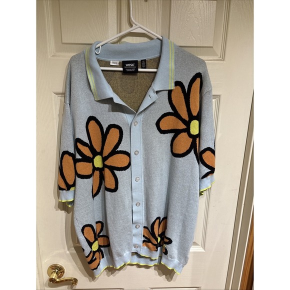 Wesc Other - Short Sleeve Polo Sweater Blue Orange Daisy Floral Knit Button Up Unisex
